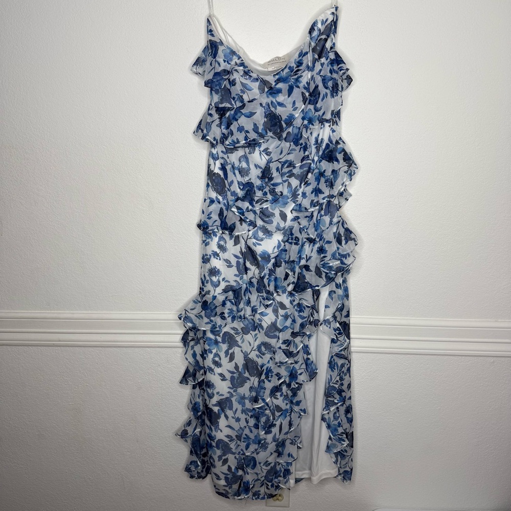 Anthropologie x BHLDN Blue Floral Ruffle Strapless Maxi Dress Size 6 - Picture 3 of 10